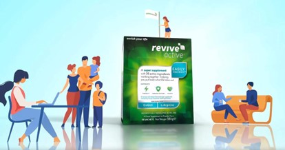 Cartoon people with a box of Revive Active supplements in the centre. The product label indicates the key ingredients and support areas of Revive Active.