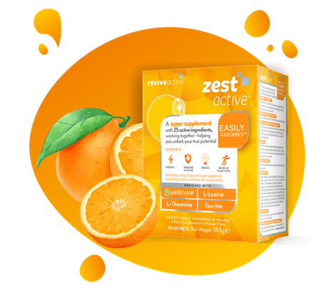 A box of Zest Active surrounded by an orange background and juicy cartoon oranges