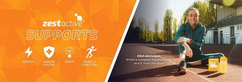 Zest active support banner with Eilish McColgan to the right