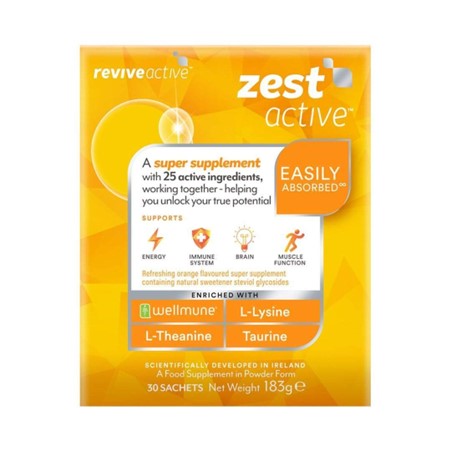 Yellow Zest Active packaging, indicating the critical ingredients of the supplement, the key support areas and the key benefits, including the absorbability of the powdered supplement.