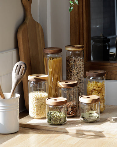 acacia and glass food storage jars 
