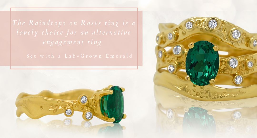 Raindrops on Roses Ring with Lab Grown Emerald by Kristen Baird