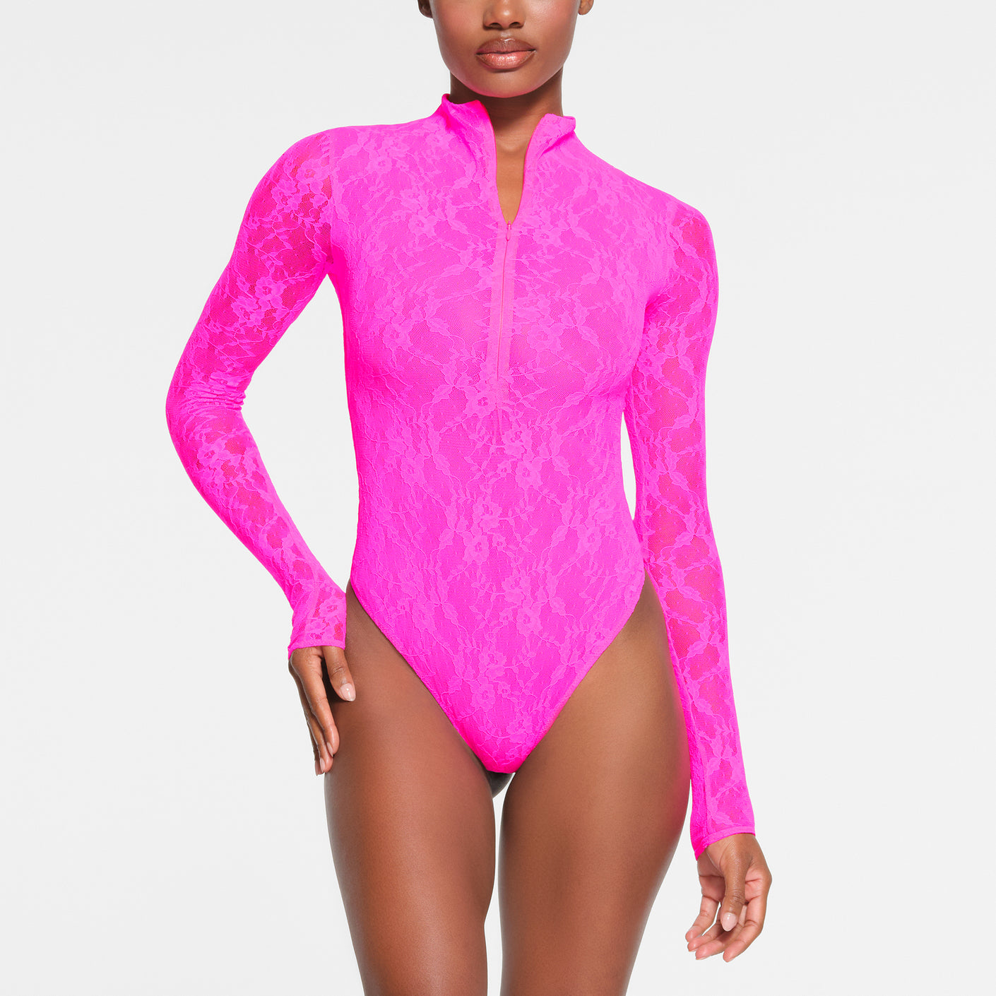 STRETCH LACE LINED LONG SLEEVE THONG BODYSUIT | NEON PINK