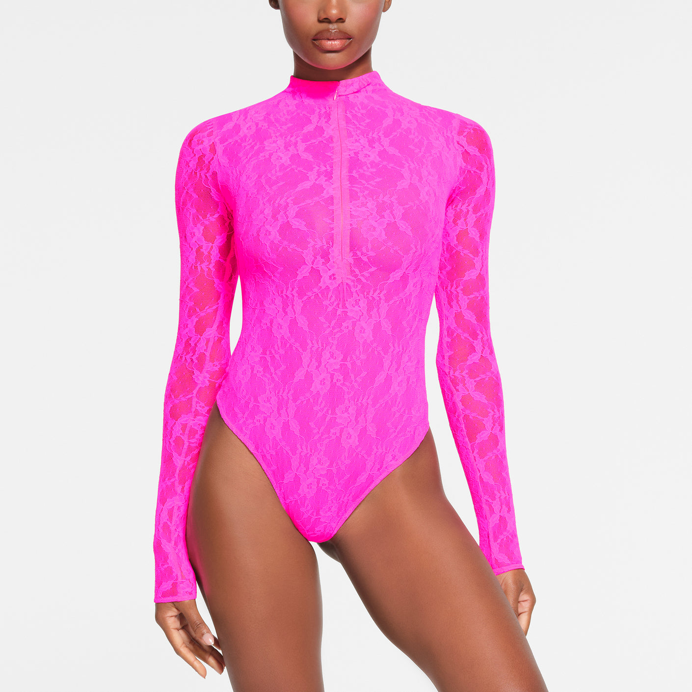 STRETCH LACE LINED LONG SLEEVE THONG BODYSUIT