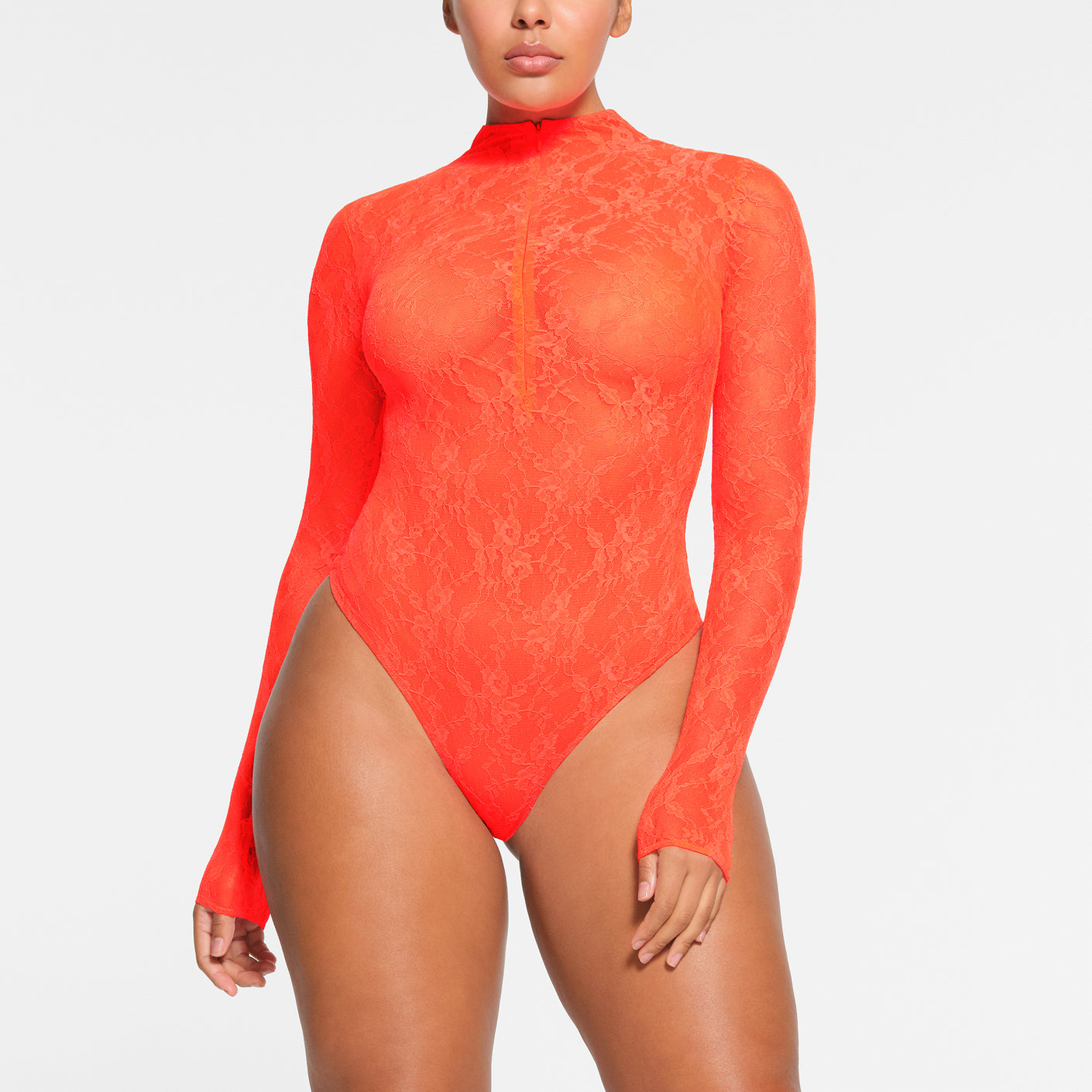 STRETCH LACE LINED LONG SLEEVE THONG BODYSUIT | SUNSET