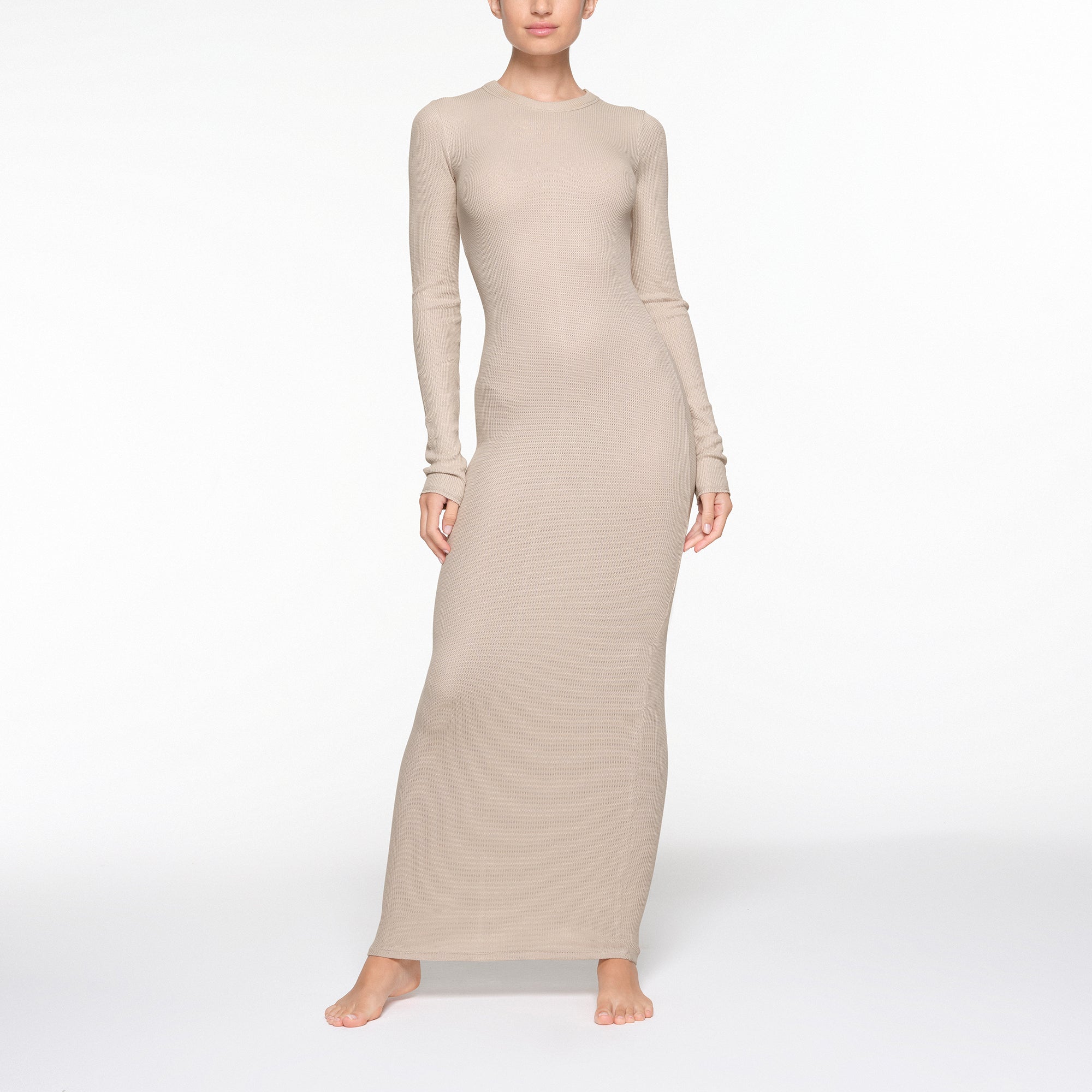 WAFFLE CREW NECK LONG DRESS | STONE