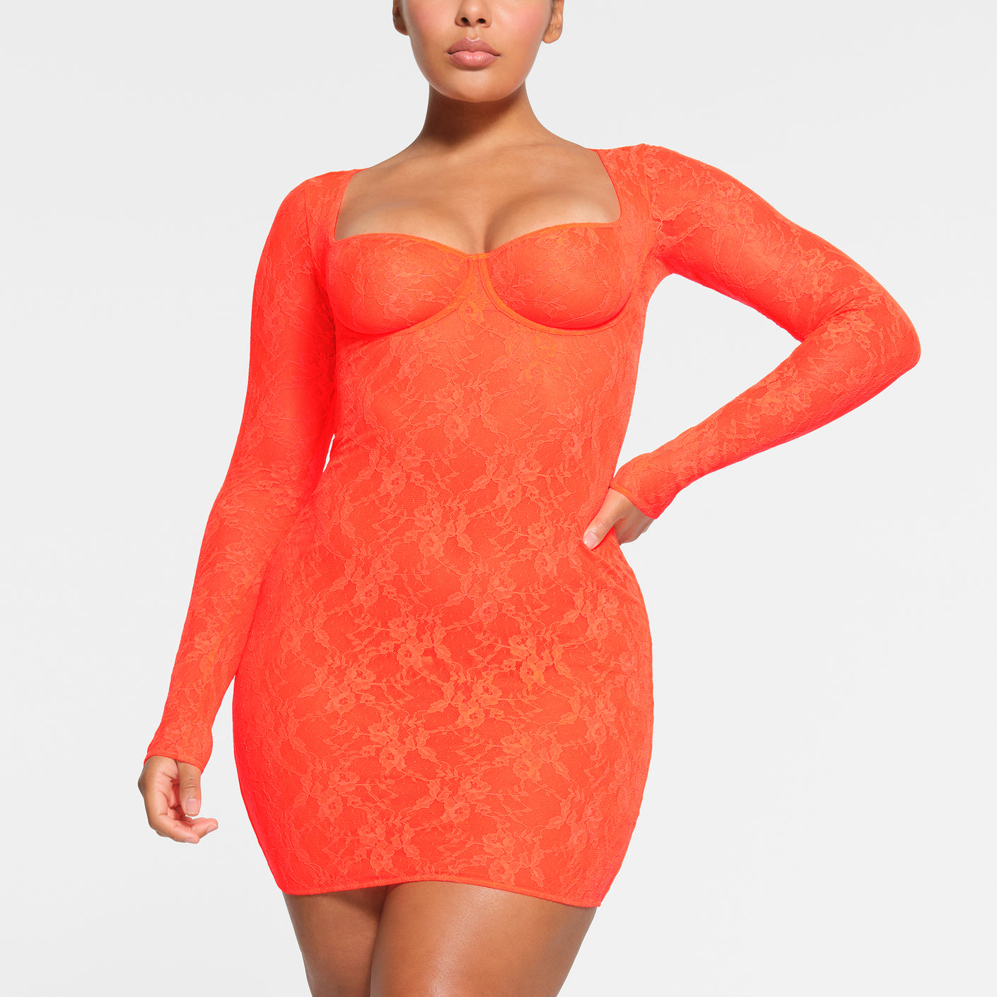 STRETCH LACE LINED LONG SLEEVE UNDERWIRE DRESS | SUNSET
