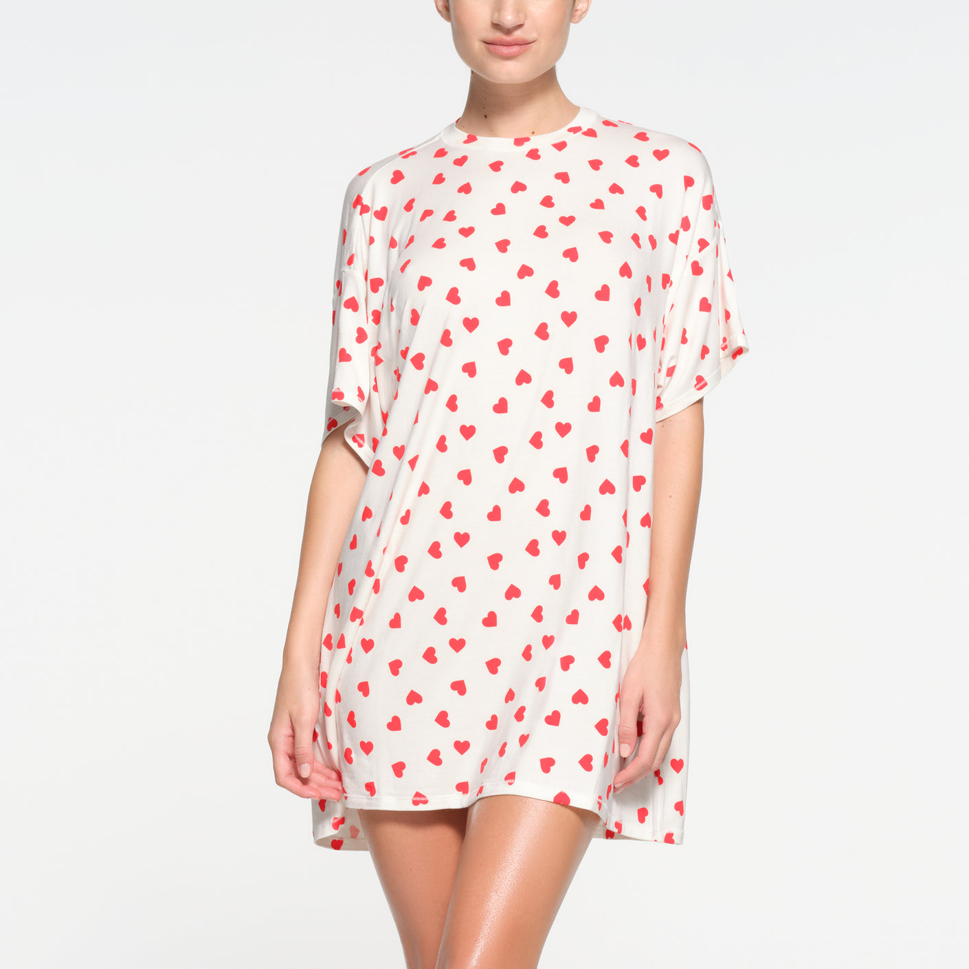 SKIMS SLEEP T-SHIRT MINI DRESS | RUBY AND MARBLE HEART ON A MODEL FRONT VIEW