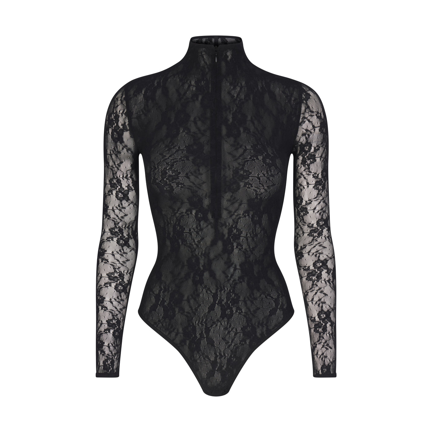 STRETCH LACE LINED LONG SLEEVE THONG BODYSUIT | ONYX