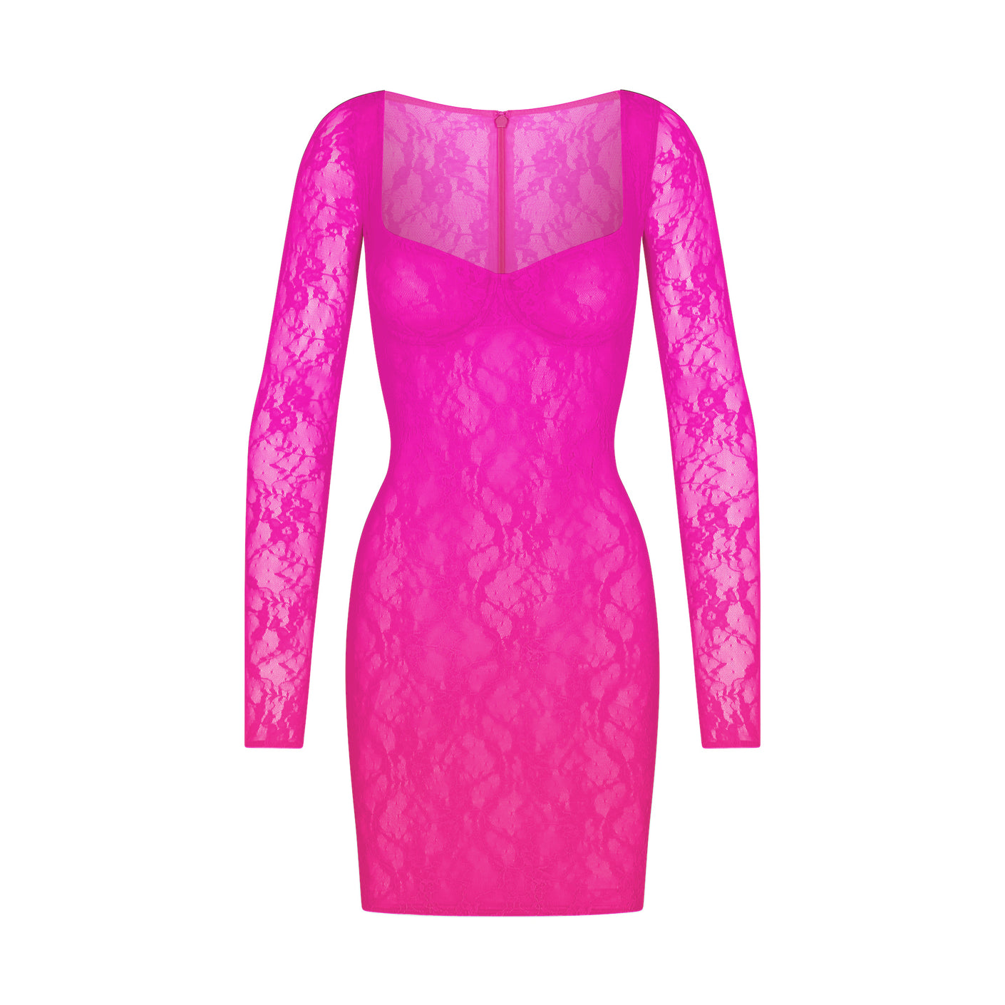 STRETCH LACE LINED LONG SLEEVE UNDERWIRE DRESS | NEON PINK