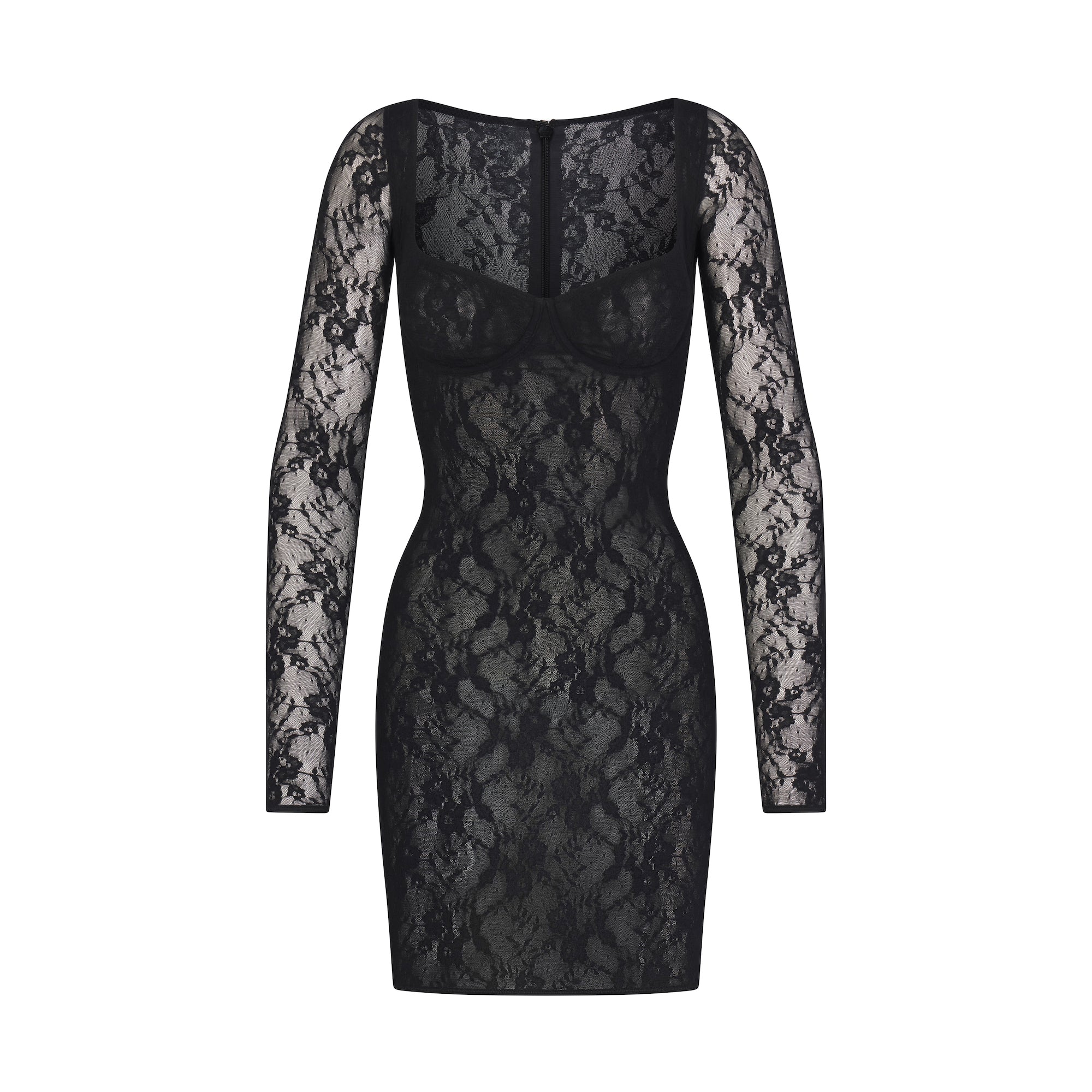 STRETCH LACE LINED LONG SLEEVE UNDERWIRE DRESS | ONYX