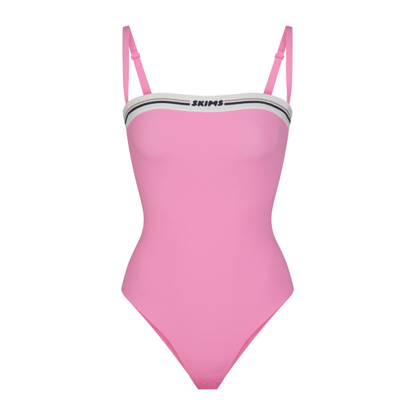 Skims Pink Sand Woven Shine Tie Front Teddy Thong Bodysuit, Size XXS NWT