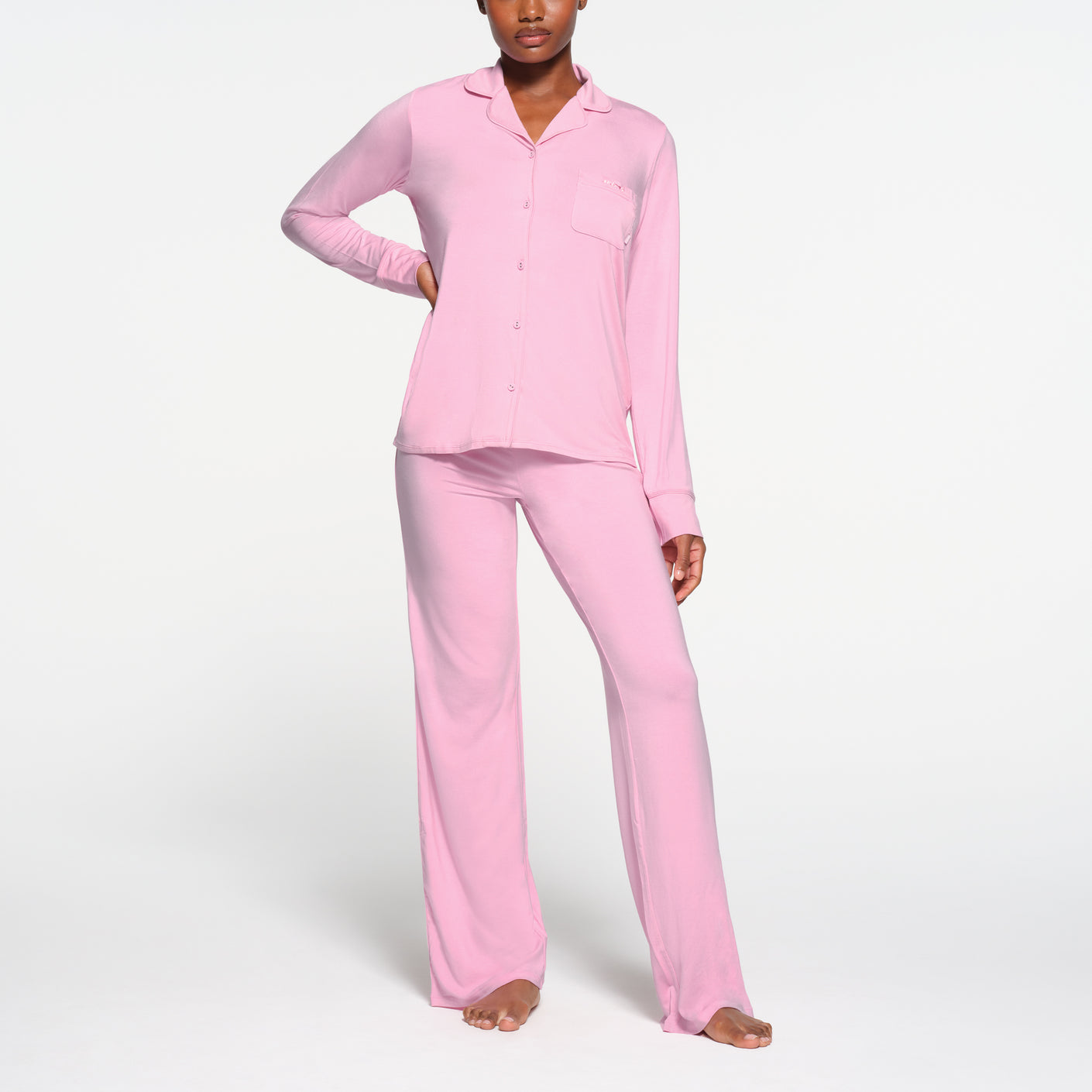 SKIMS SLEEP LONG SLEEVE BUTTON UP SET | BUBBLE GUM