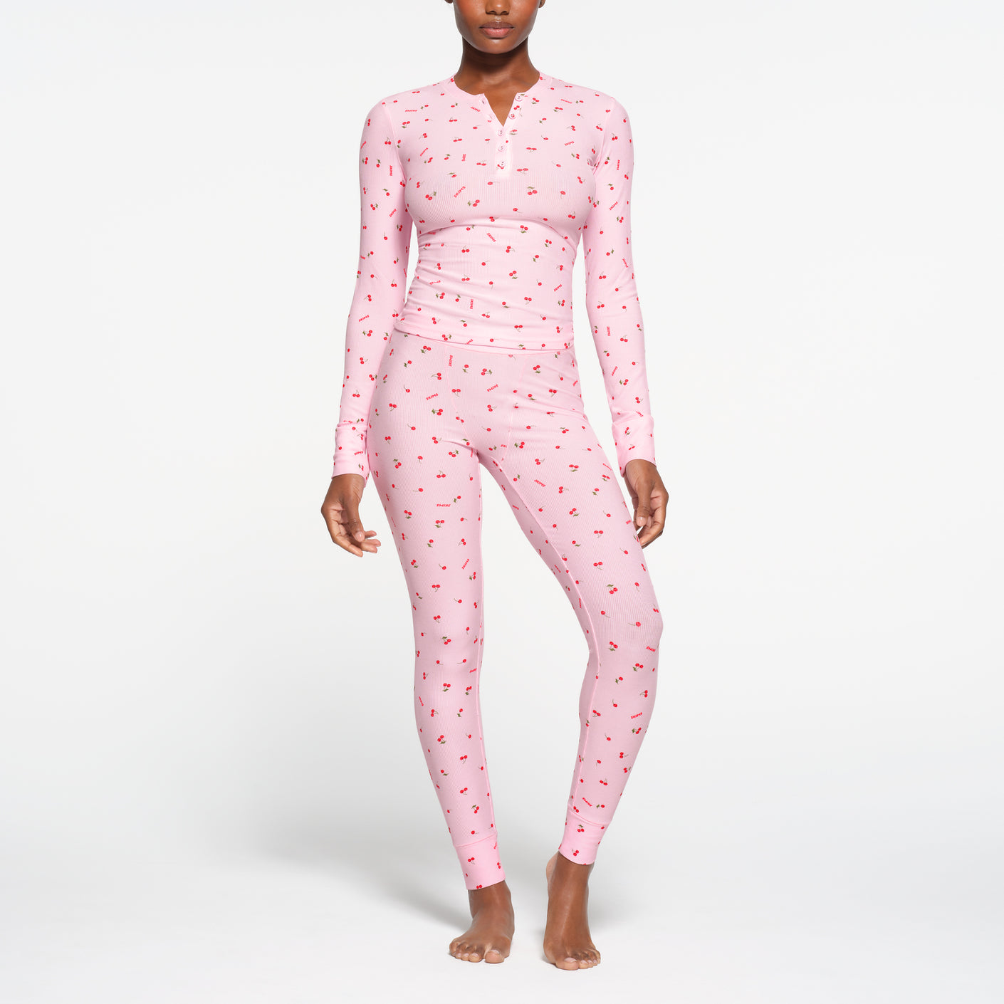 SOFT LOUNGE LONG SLEEVE HENLEY | CHERRY BLOSSOM CHERRY PRINT ON A MODEL FRONT VIEW