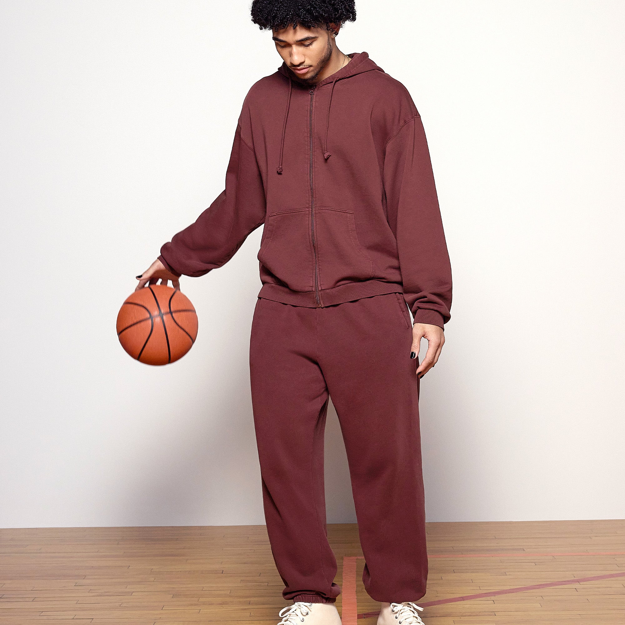 TERRY MENS RELAXED ZIP UP HOODIE | OXBLOOD