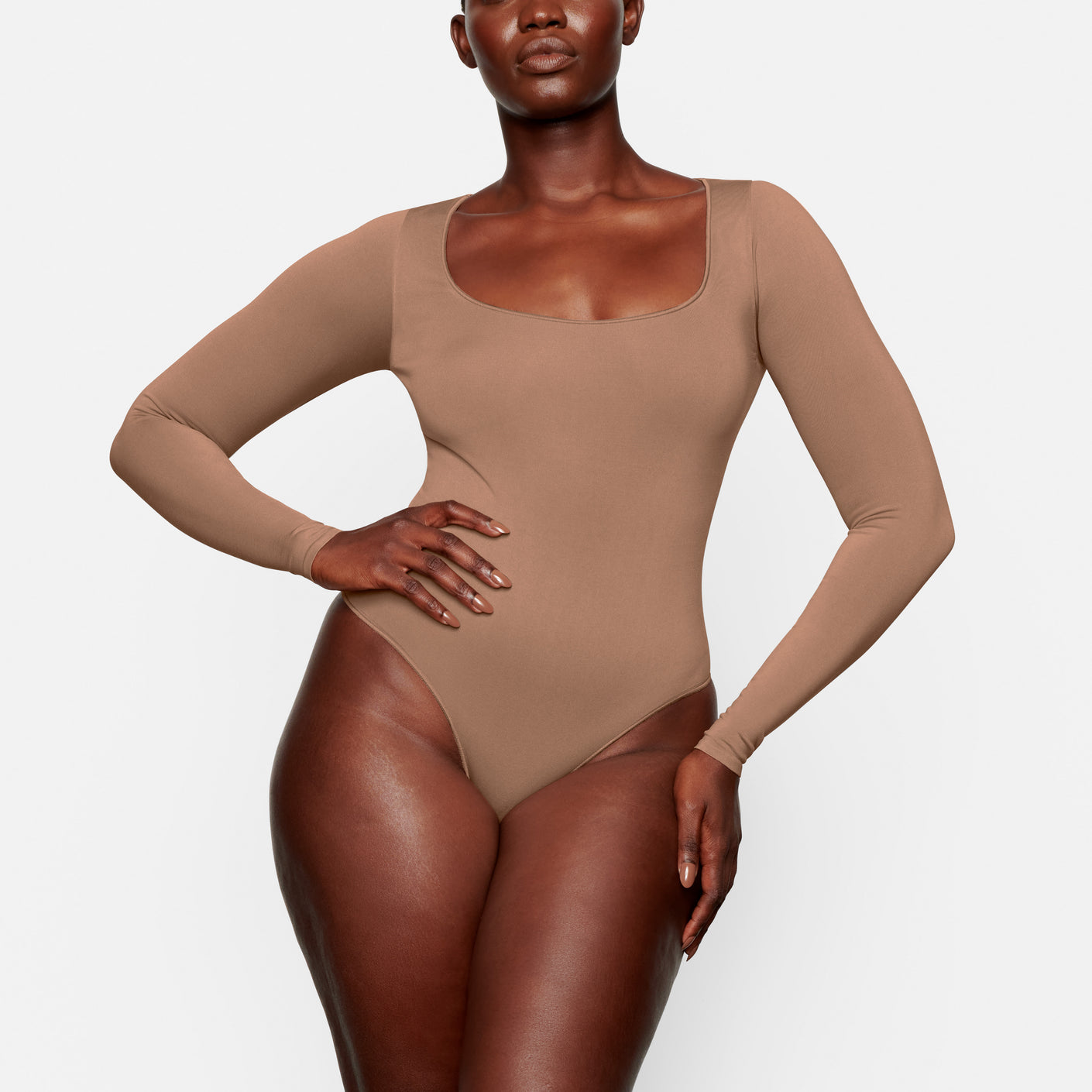 Hirigin Stretchy Scoop Neck Long Sleeve Bodysuit Solid Color