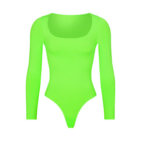 Bright Green Basic Cotton Long Sleeve Bodysuit