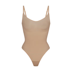 Skims Jelly Sheer Crewneck Thong Bodysuit In Clay