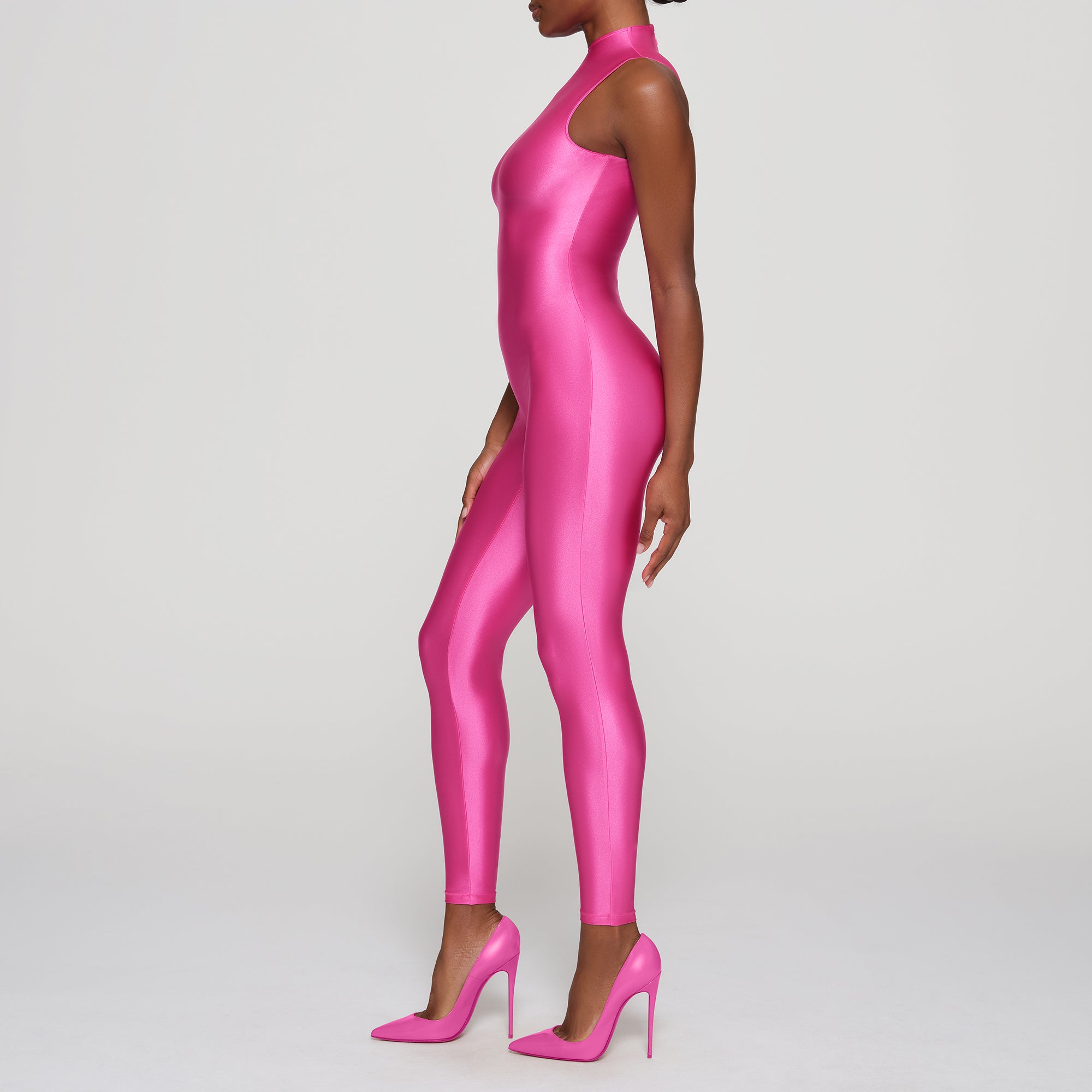 SHINE JERSEY MOCK NECK SLEEVELESS CATSUIT | HOT PINK - SHINE JERSEY ...