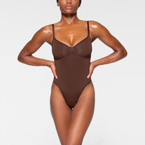SKIMS Skims Strappy Wet Jersey Tank Thong Bodysuit in Cocoa S