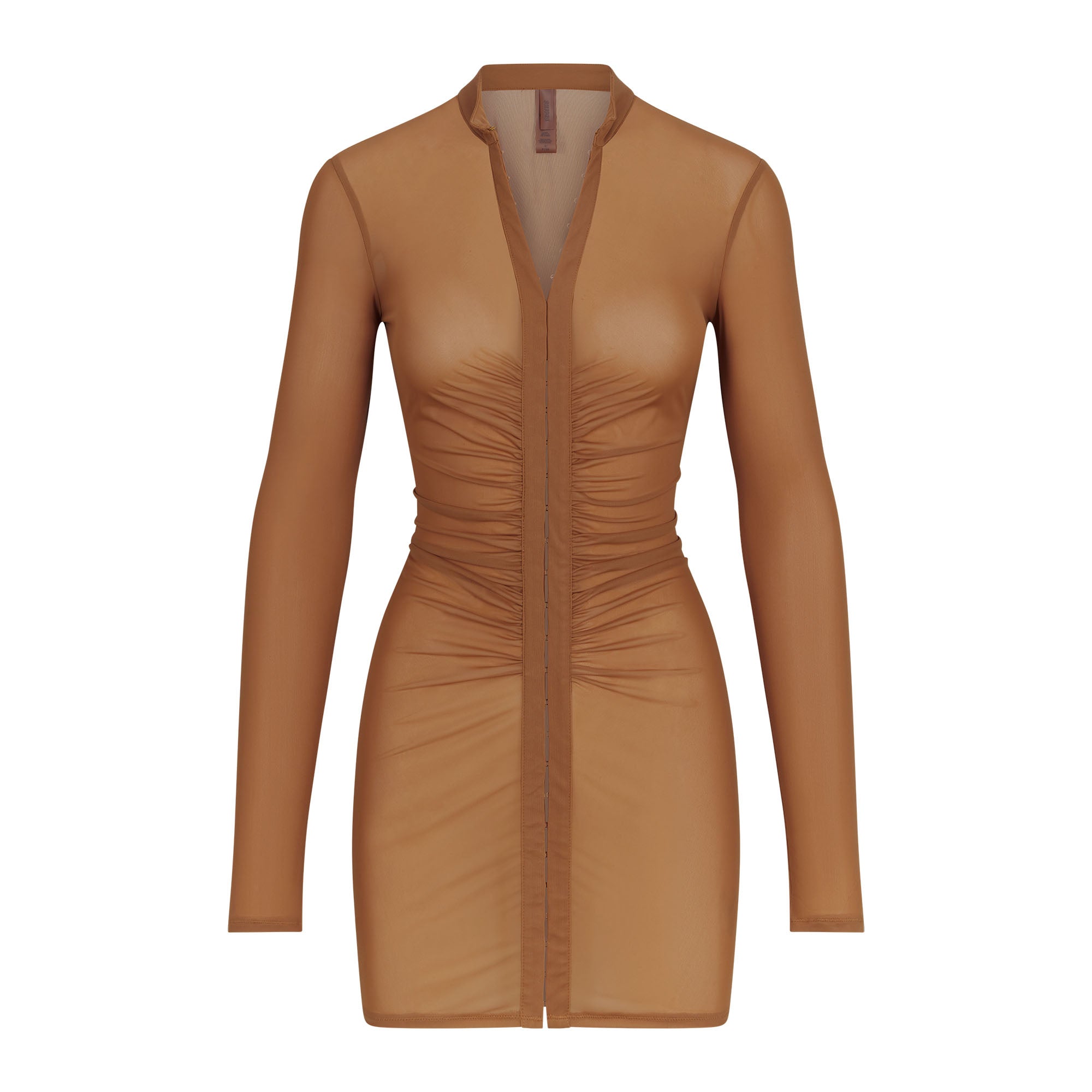 MESH LONG SLEEVE RUCHED DRESS | ALMOND