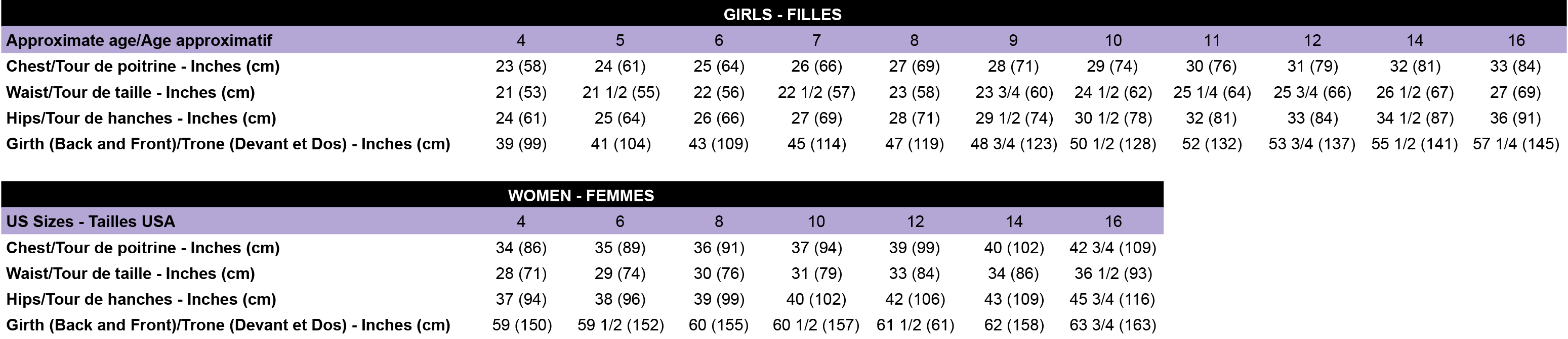 Girls Leotards Measurements