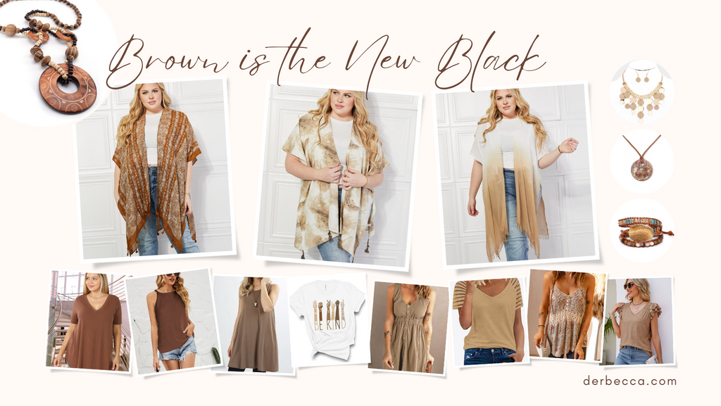 Brown is the New Black Outfit Inspiration Collage with Womens Kimonos, Tops, and Jewelry Accessories