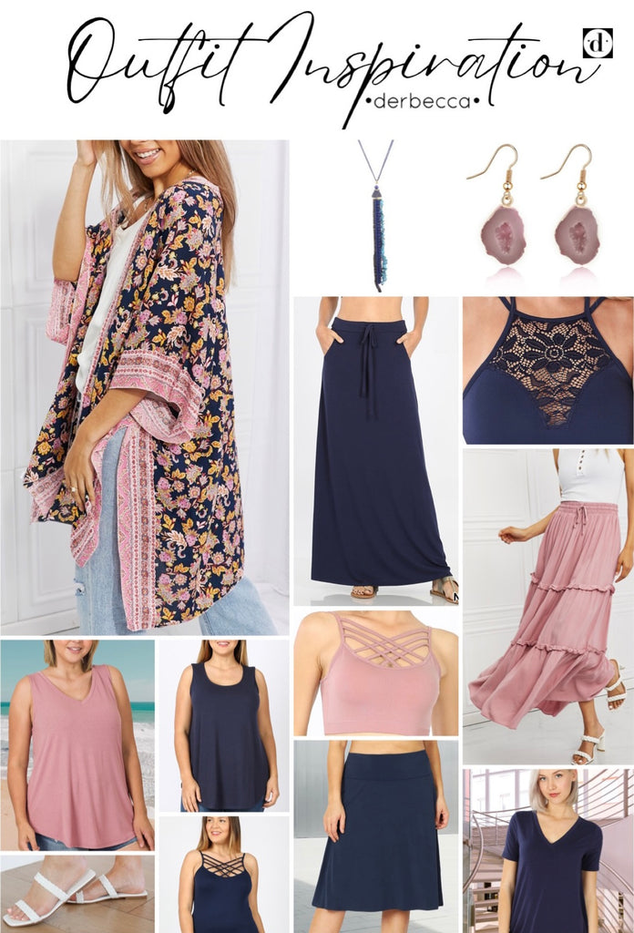 Outfit Inspiration | a collage including womens clothing styles that coordinate and can mix & match in colors of pink and navy blue