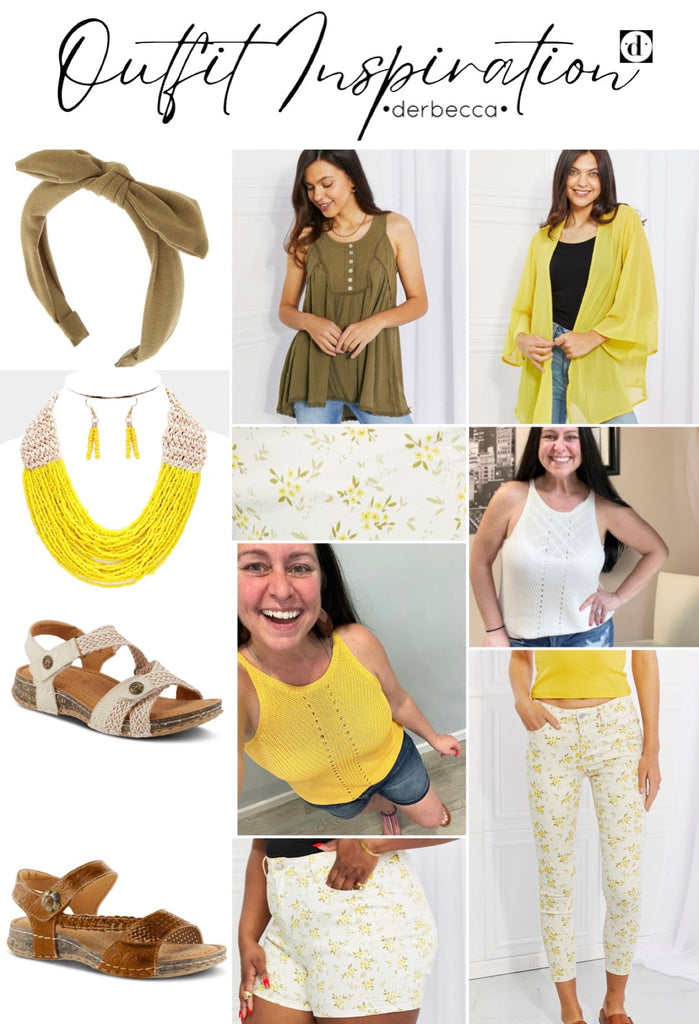 Outfit Inspiration | Womens Yellow Floral Mix & Match Clothing Styles including Tops and Shorts and Jeans Shoes Headband and Sandals