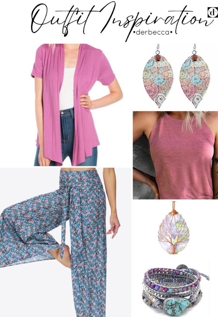 Blush Pink & Azure Blue Floral Womens Boho Vibe Outfit including a short sleeve mauve pink cardigan, pink sleeveless tank top, floral wide leg palazzo pants, hollow leaf bohemian earrings, tree of life long pendant necklace, and turquoise protection stone leather wrap bracelet