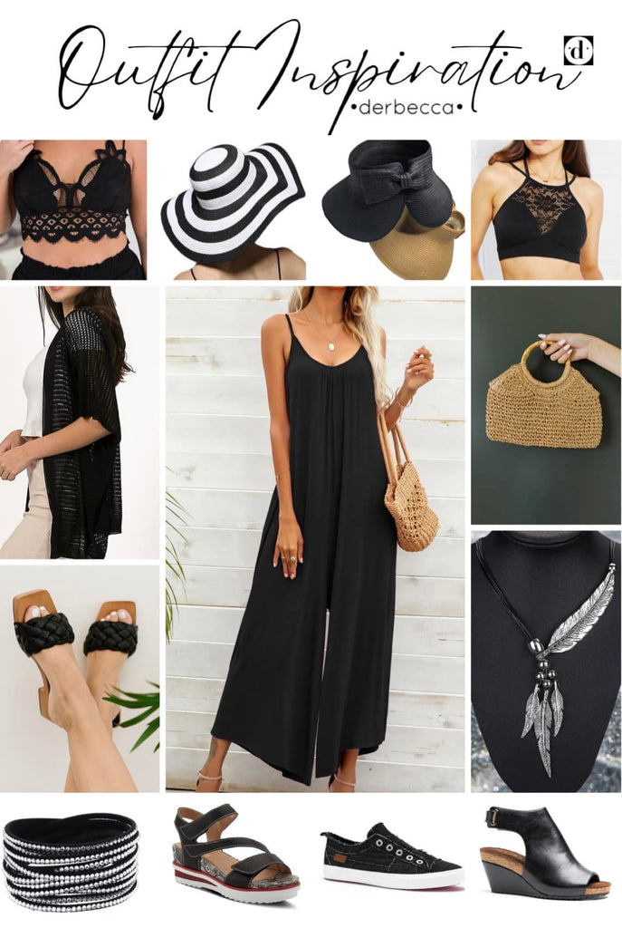 Outfit Inspiration Wardrobe Capsule Collection including a Black Jumpsuit with Mix & Match coordinating accessories: a lace bralette, black & white striped sun hat, rollable collapsible sun hat, straw summer handbag, braided black sandals, leather platform sandals, corkys babalu black tennis shoes, corkys calypso cork wedge heels, a black feather necklace, and a rhinestone wrap bracelet