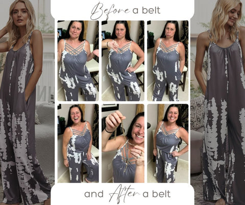 Before & After Tutorial Adding a Belt to a Jumpsuit to Show how it changes the look of it from baggy or frumpy to more fitted and styled