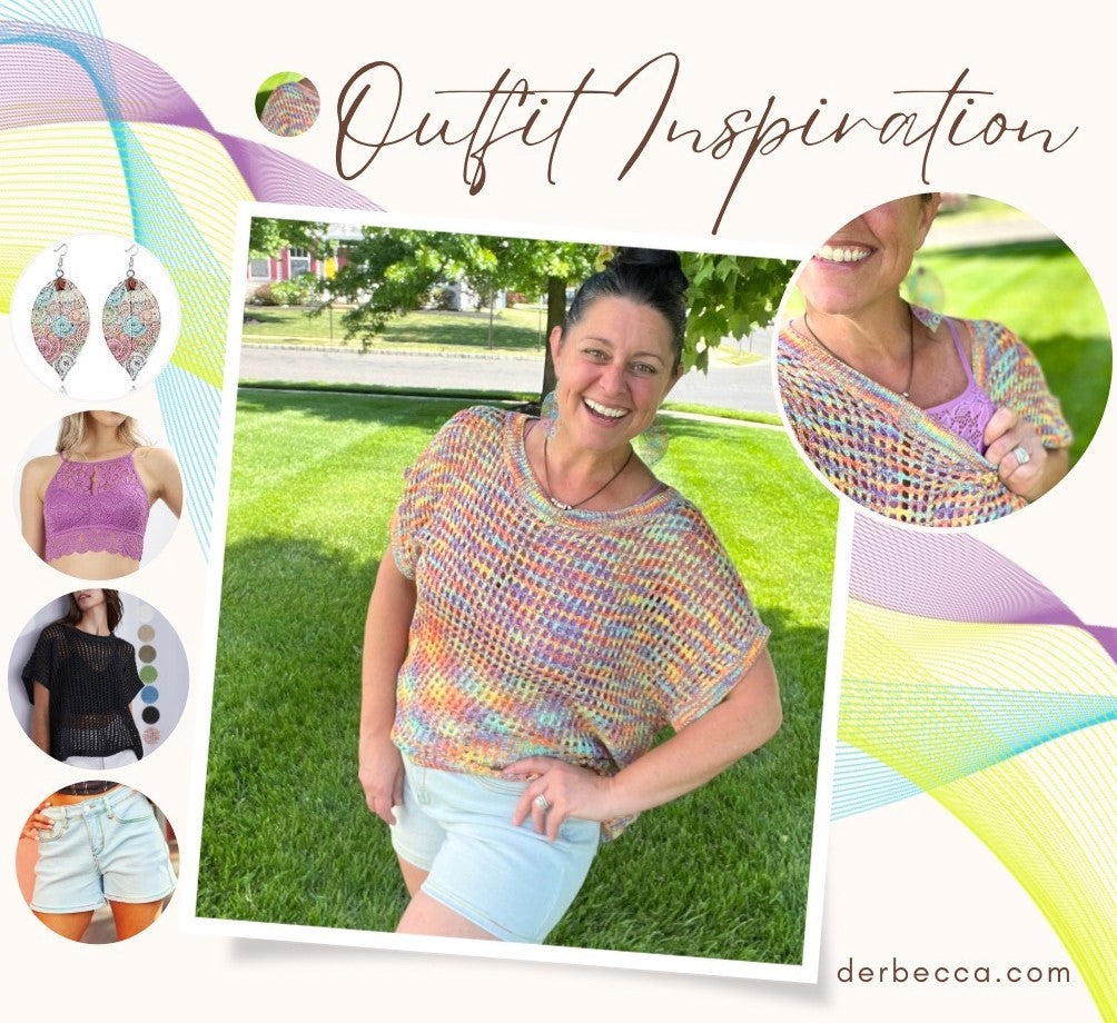 Outfit Inspiration Open Loose Knit Short Sleeve Womens Top layered over a lace bralette with Judy Blue Rainbow Stitching Shorts and finished with lightweight colorful hollow circle swirl leaf earrings