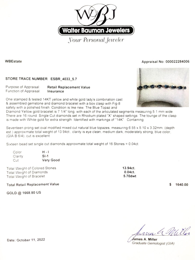Estate 14K Y Gold 13.94ctw Blue Topaz & 0.04ctw H-I/SI1 Diamond Bracelet - Walter Bauman Jewelers