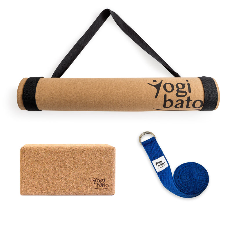 Yogibato Yoga Premium Set consisting of a yoga mat cork and one yoga block and a cotton yoga strap in Blue