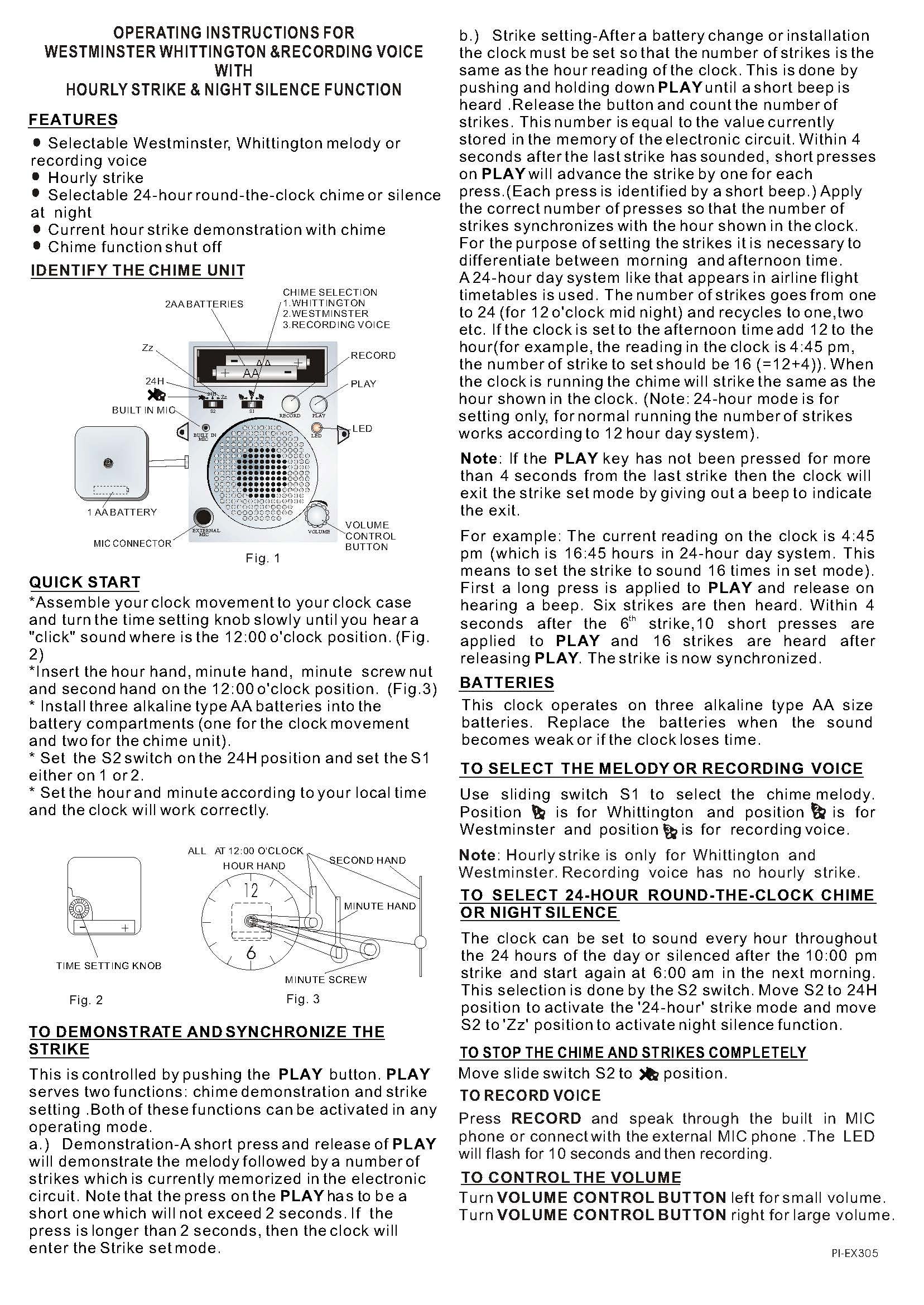 10 Second Recordable/Dual-Chime Quartz Movement