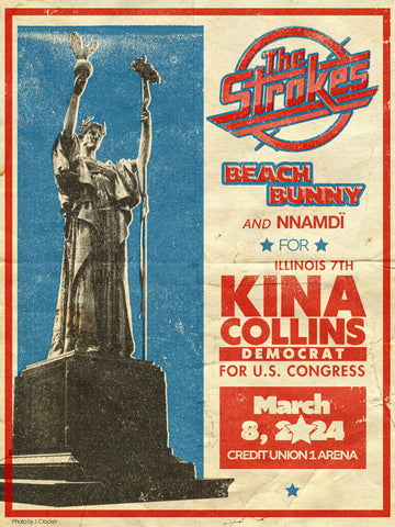 A poster for The Strokes concert for Kina Collins, supported by Beach Bunny and NNAMDÏ on March 8th, 2024 at Credit Union 1 Arena in Chicago