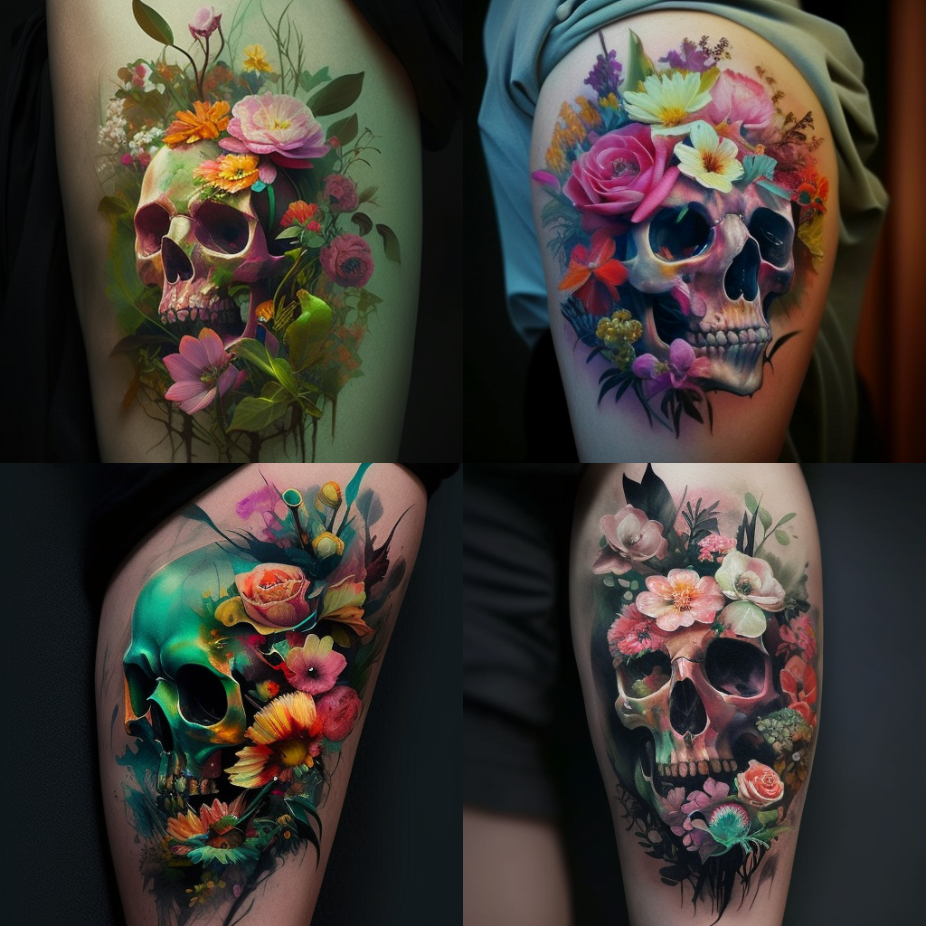 tatouage tete de mort fleur