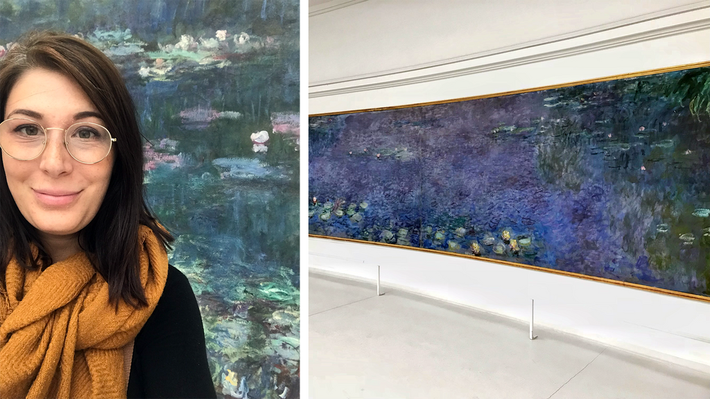Amy Dixon in front of Monet's Waterlilies at Musee de l'Orangerie in France