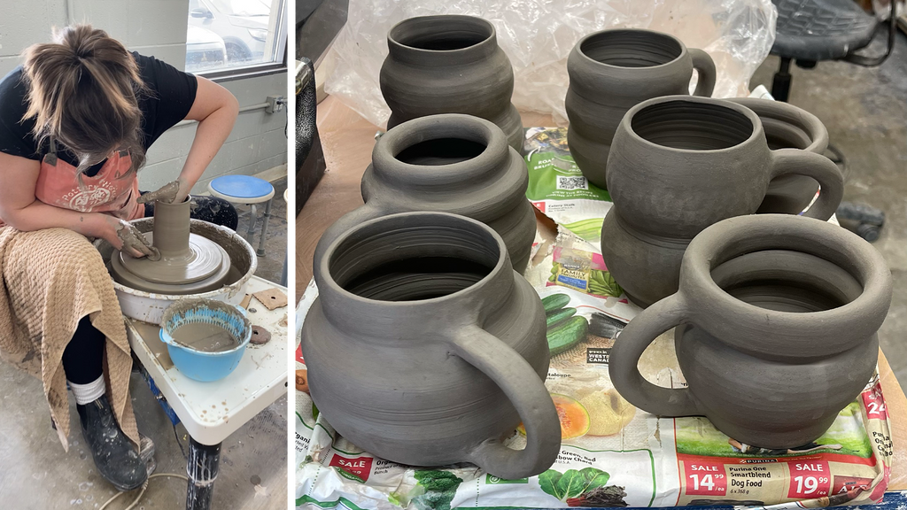 Amy Dixon working at a pottery wheel and a few of the mugs she's made