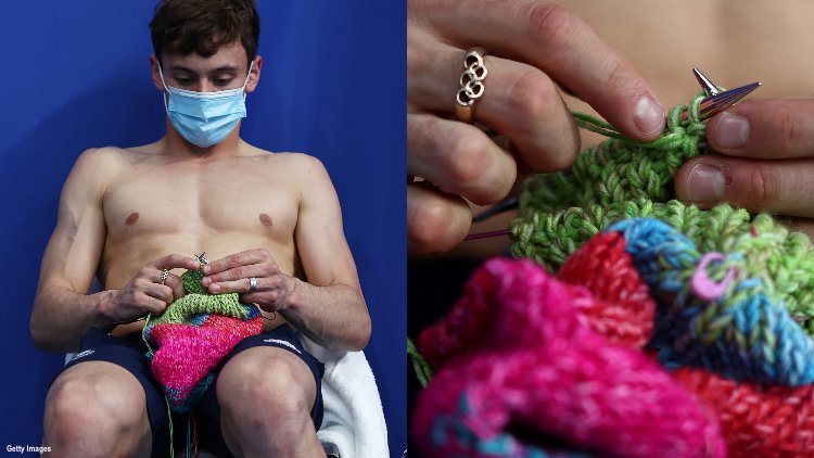 Tom Daley knitting at the Olympics