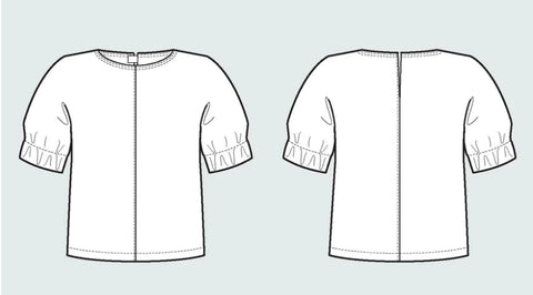 a simple line drawing of the back and front of a boxy top.