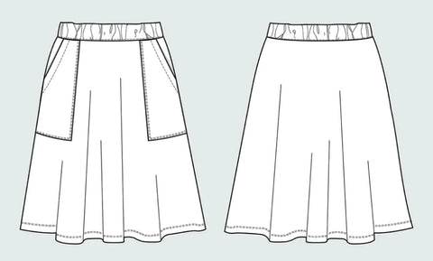 a line drawing of a simple skirt with rectangle patch pockets.
