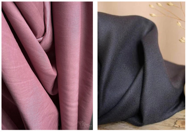 picture of two fabrics, pink and charcoal grey