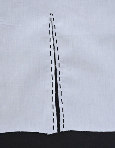 an image of the slit of the cuff placket showing where to sew to edge stitch it. 