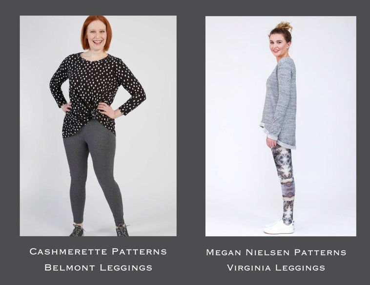 Two ladies wearing leggings. One is standing facing the camera and is wearing a dark t-shirt and grey leggings and the second is standing sideways to the camera and is wearing patterned leggings with a light grey jumper