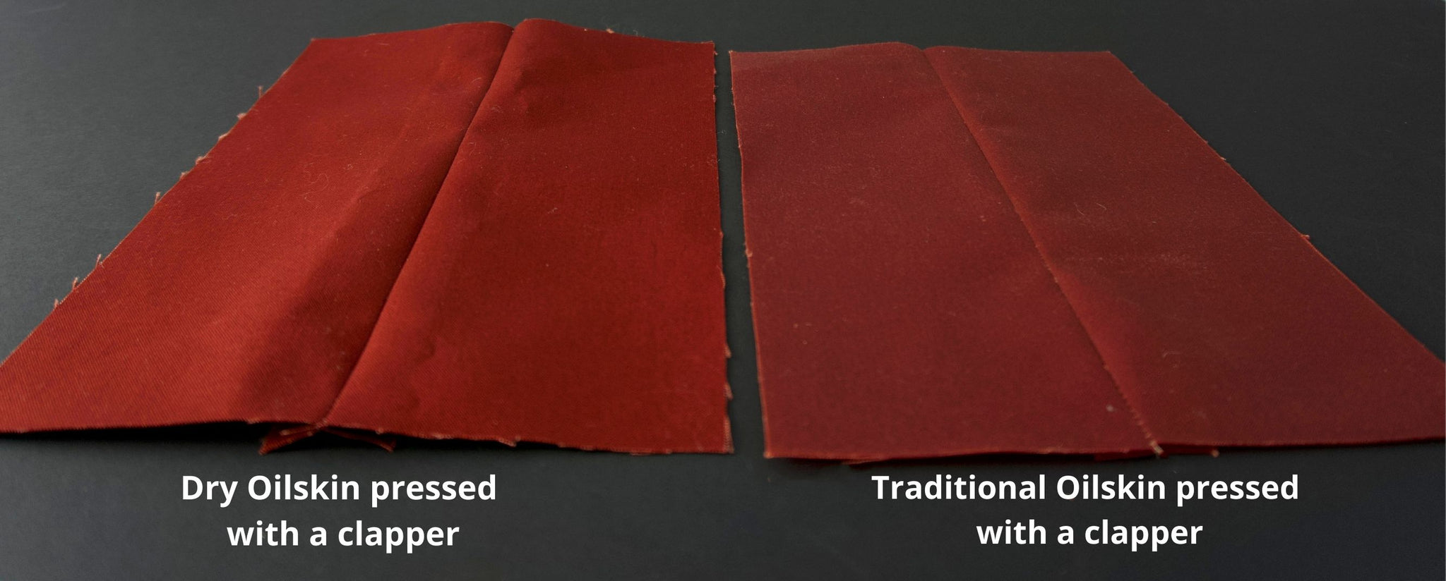side by side image of dry and traditional oilskin pressed with a clapper