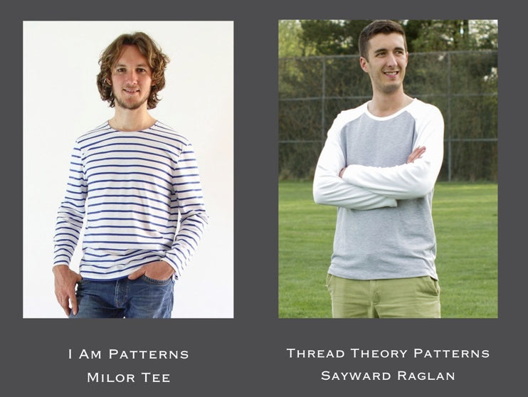 two men in t-shirts. One is wearing a stripy long sleeve knit and the other is a raglan sleeve knit with white sleeves and grey body