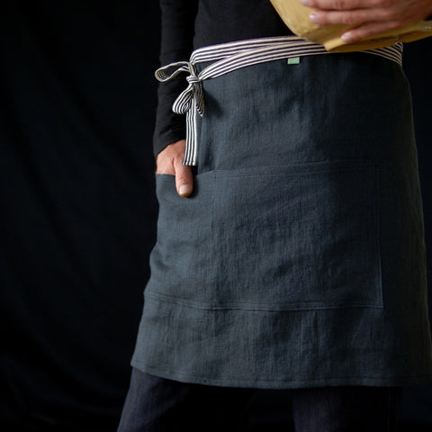 finished apron and on a man holding a bowl 