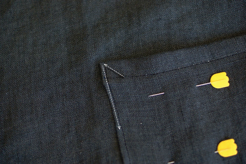 a close up of the pocket stitching the and the direction to take when strengthening the pocket